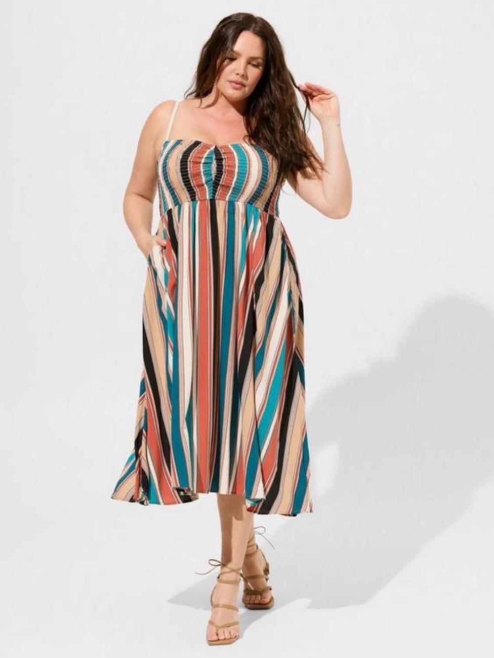 torrid Teal Rust Cream Black Striped Smocked Midi Dress